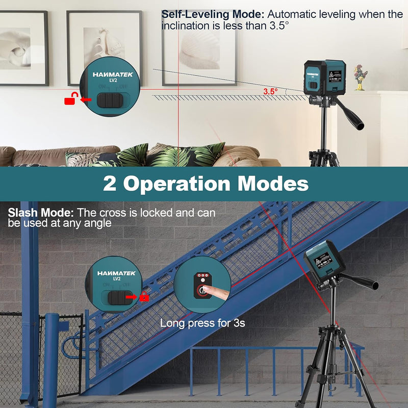 Laser level on a tripod with text explaining operation modes in a home setting.