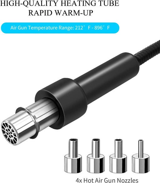 High-quality heating tube with air gun temperature range and four hot air gun nozzles on a white background.