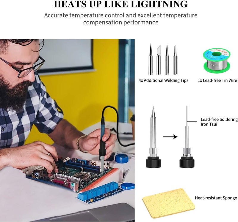 Person soldering a circuit board with additional welding tips, tin wire, and soldering iron components displayed.