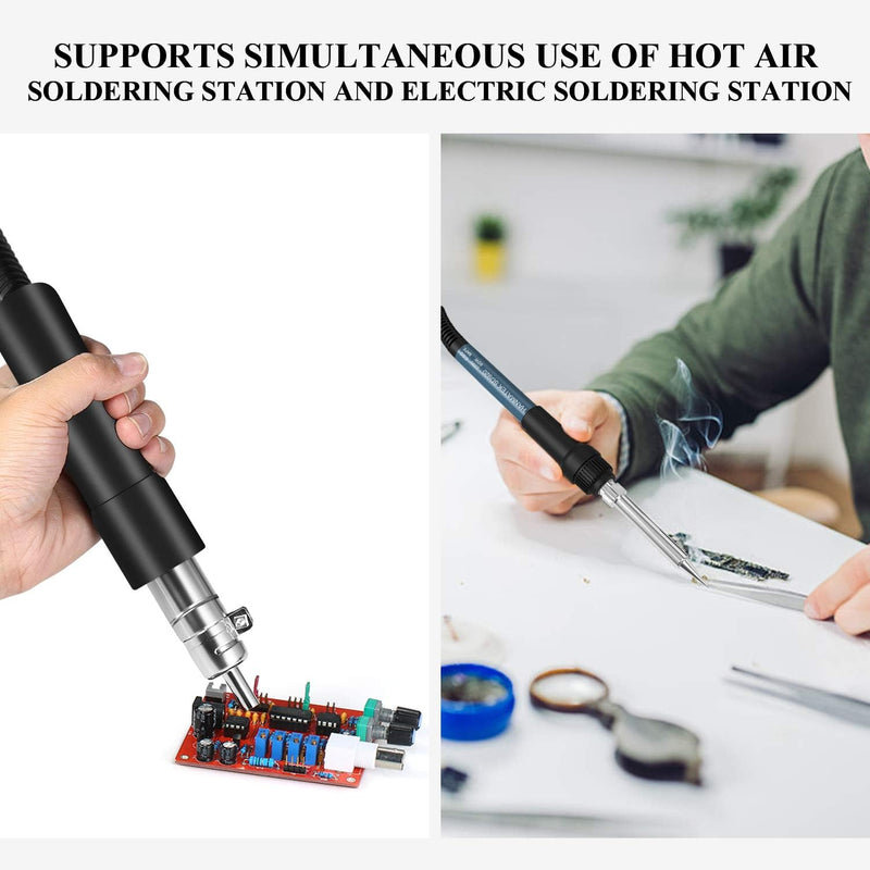 Hot air soldering station being used on a circuit board with text indicating simultaneous use.
