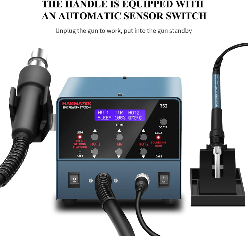 Soldering station with multiple nozzles and control panel on a white background