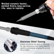 Soldering iron with text highlighting features like welded ceramic heater and stainless steel casing.