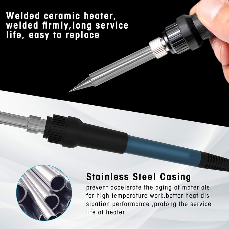 Soldering iron with text highlighting features like welded ceramic heater and stainless steel casing.