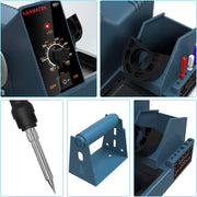 Collage of a blue soldering station with control panel, nozzle, and stand.