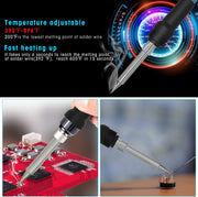 Soldering iron with temperature display and usage on electronic components.