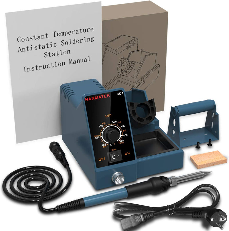 HANMATEK soldering station with instruction manual and accessories on a white background