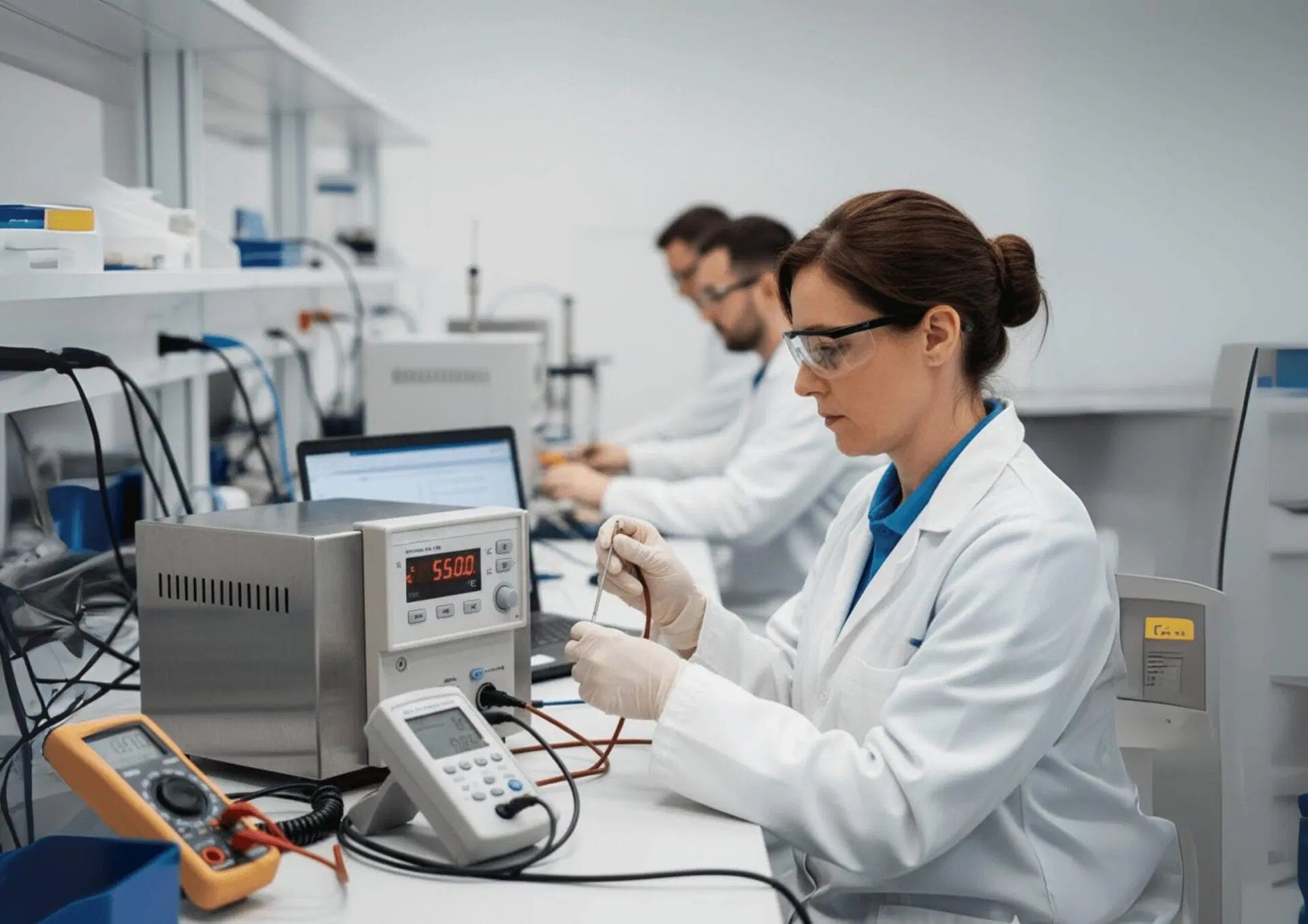 Scientists working in a laboratory with digital oscilloscope and computers.