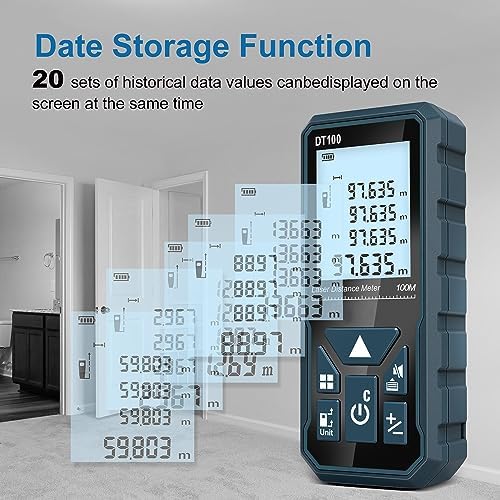 HANMATEK® laser distance measurer displaying 20 sets of data values on the screen for easy reference