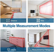 HANMATEK® laser distance measurer showing multiple measurement modes in an interior setting