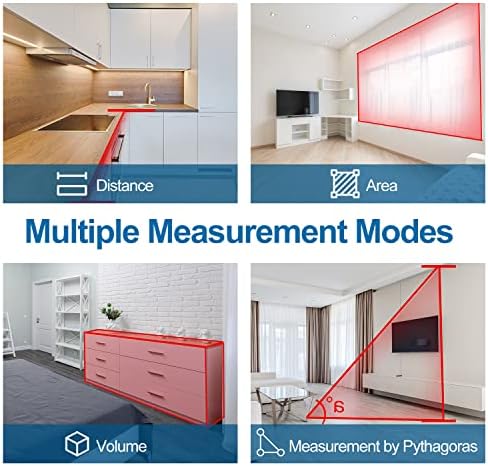 HANMATEK® laser distance measurer showing multiple measurement modes in an interior setting