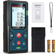 HANMATEK laser distance measure 50m with digital display, user manual, carrying case, and batteries
