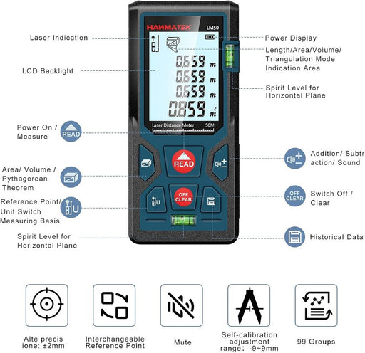 HANMATEK® Laser Distance Measure 50m with LCD Screen and Multiple Measurement Functions