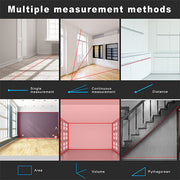 HANMATEK Laser Distance Meter for Professionals showcasing multiple measurement methods in different settings