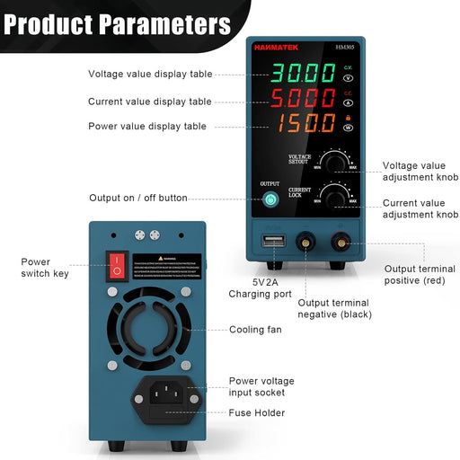 HANMATEK® variable DC power supply with adjustable voltage display and output control knobs