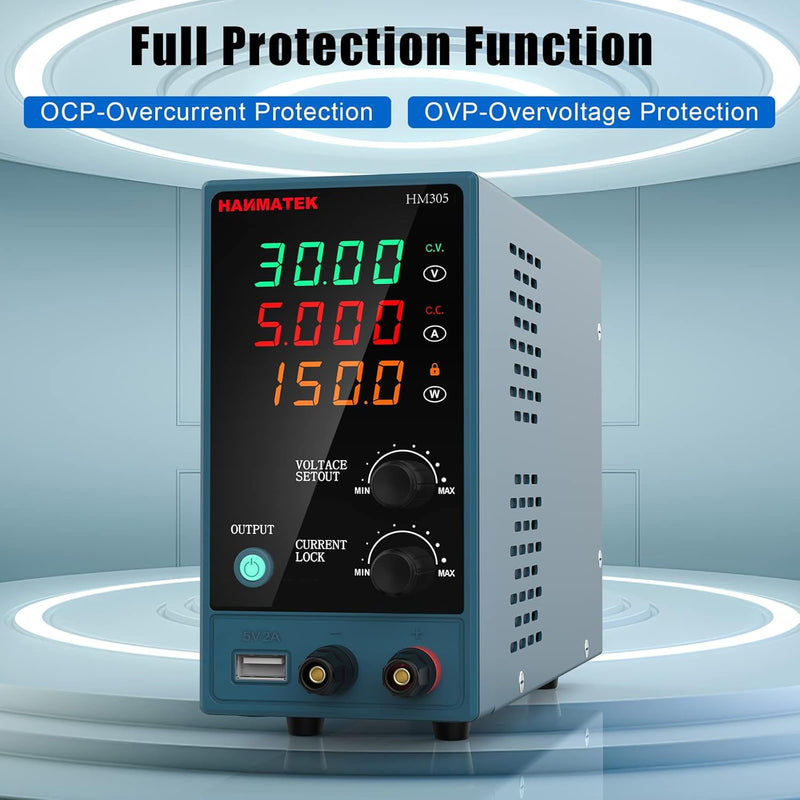 HANMATEK® variable DC power supply with full protection functions, digital display, and adjustable settings.