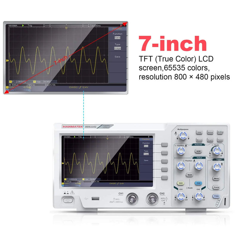 Hanmatek 7-inch digital oscilloscope 110MHz with TFT LCD screen and 800 x 480 pixel resolution