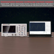 Hanmatek digital oscilloscope 110MHz showcasing USB communication with laptop screen display