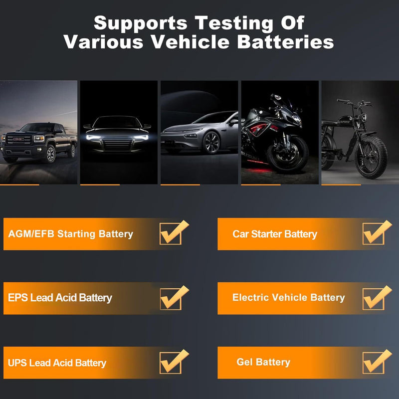 HANMATEK® car battery tester supporting testing of various vehicle batteries including AGM, EPS, Gel, and electric vehicle batteries.
