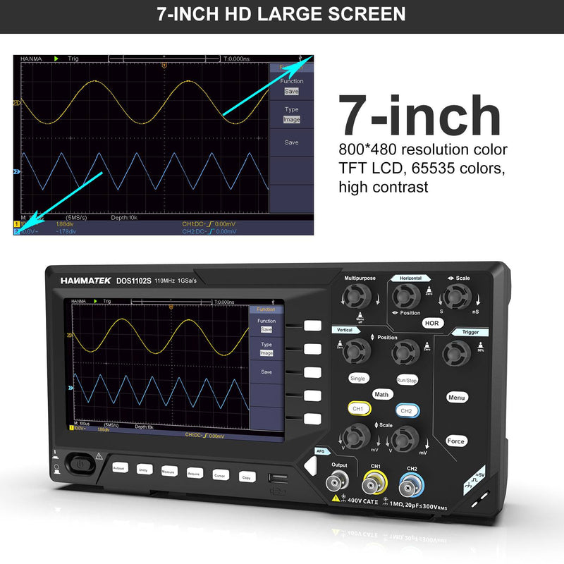 HANMATEK® 110 MHz benchtop oscilloscope with 7-inch HD screen and advanced controls for precise measurements