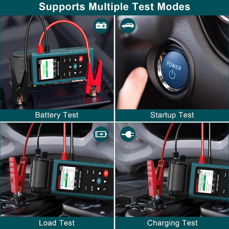HANMATEK® car battery tester with printer displaying multiple test modes for accurate automotive diagnostics
