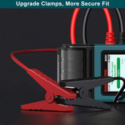 HANMATEK car battery tester with printer displaying upgraded clamps for secure connection