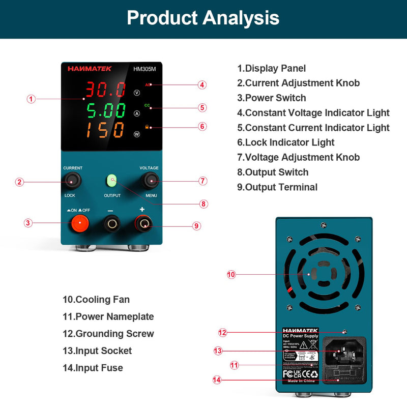 HANMATEK® HM305M DC power supply for electronics testing with adjustable knobs and display panel