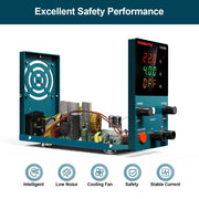 HANMATEK DC power supply for electronics testing with adjustable output and safety features