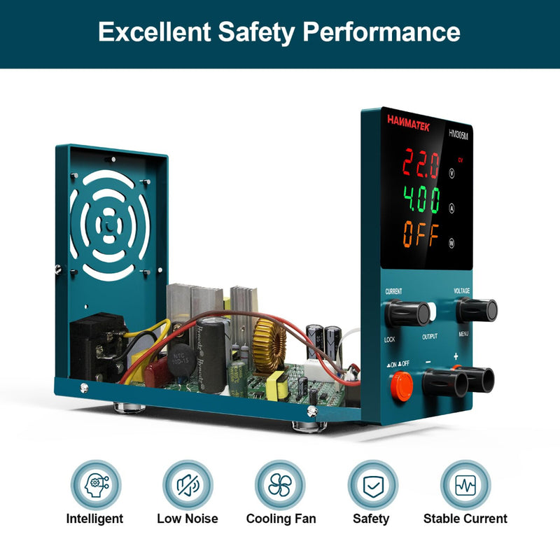 HANMATEK DC power supply for electronics testing with adjustable output and safety features