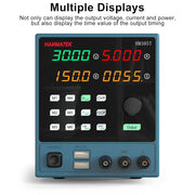 HANMATEK® digital lab power supply with multiple displays showing voltage, current, and time settings.