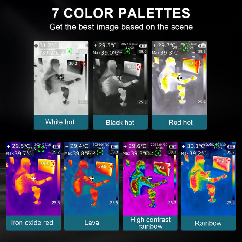 HANMATEK® thermal camera for inspection showing seven color palettes for optimal image display