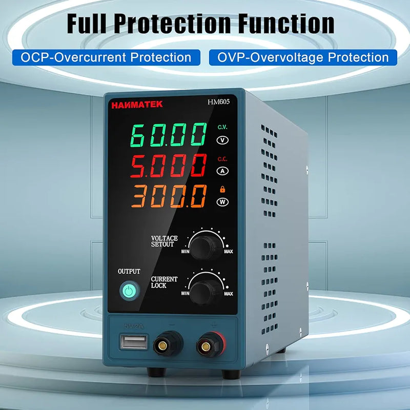 HANMATEK mini dc power supply with output display, adjustable voltage, and current settings for safe operation