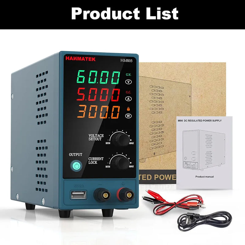 HANMATEK mini dc power supply with digital display and adjustable output settings for electronics projects