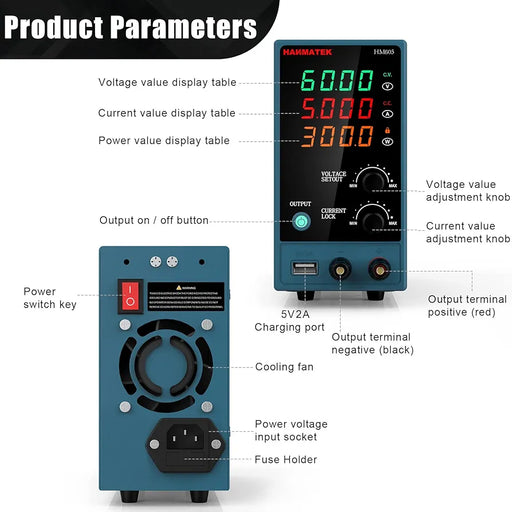 HANMATEK® mini dc power supply with digital display, output adjustment knob, and cooling fan
