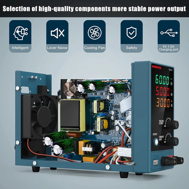 HANMATEK mini dc power supply showcasing high-quality components for stable output and cooling fan
