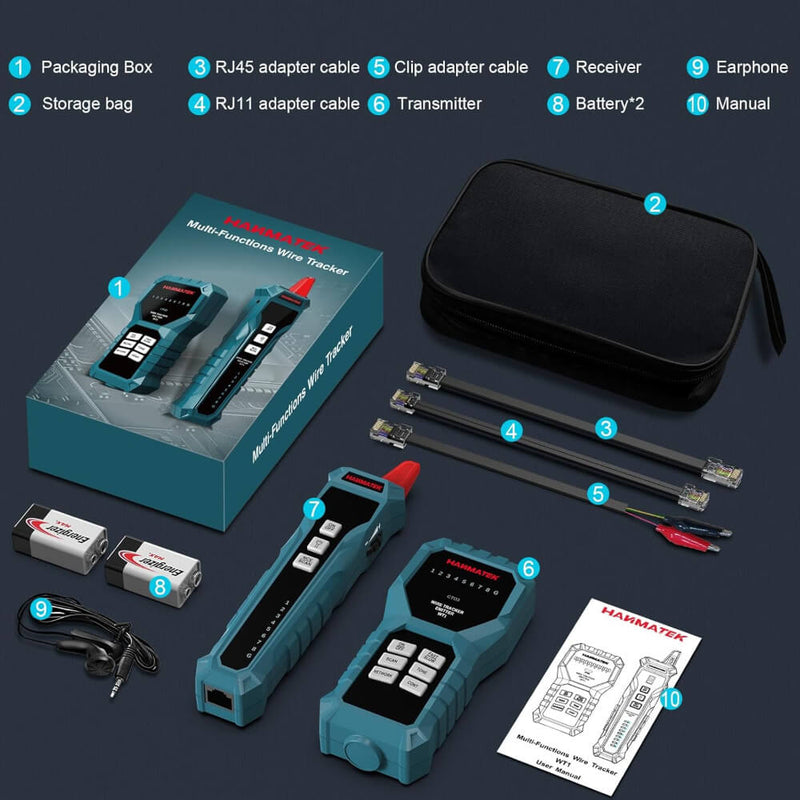 HANMATEK® network cable tester kit with various adapters, receiver, transmitter, and storage bag