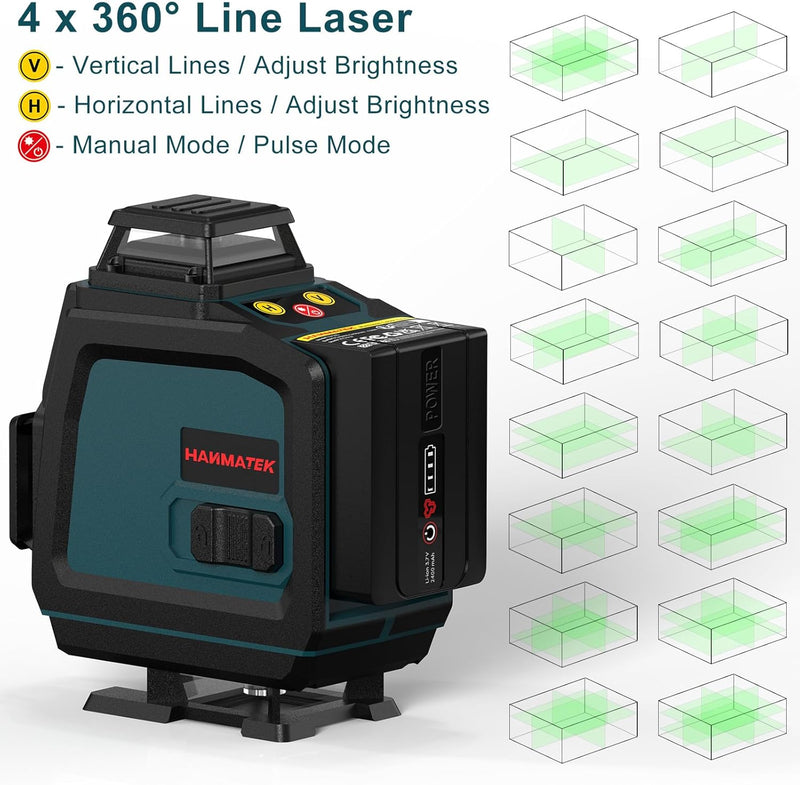 HANMATEK® self-leveling laser level with 4 x 360° line laser for precise alignment and leveling projects