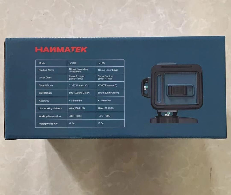HANMATEK self-leveling laser level packaging with product specifications and features listed