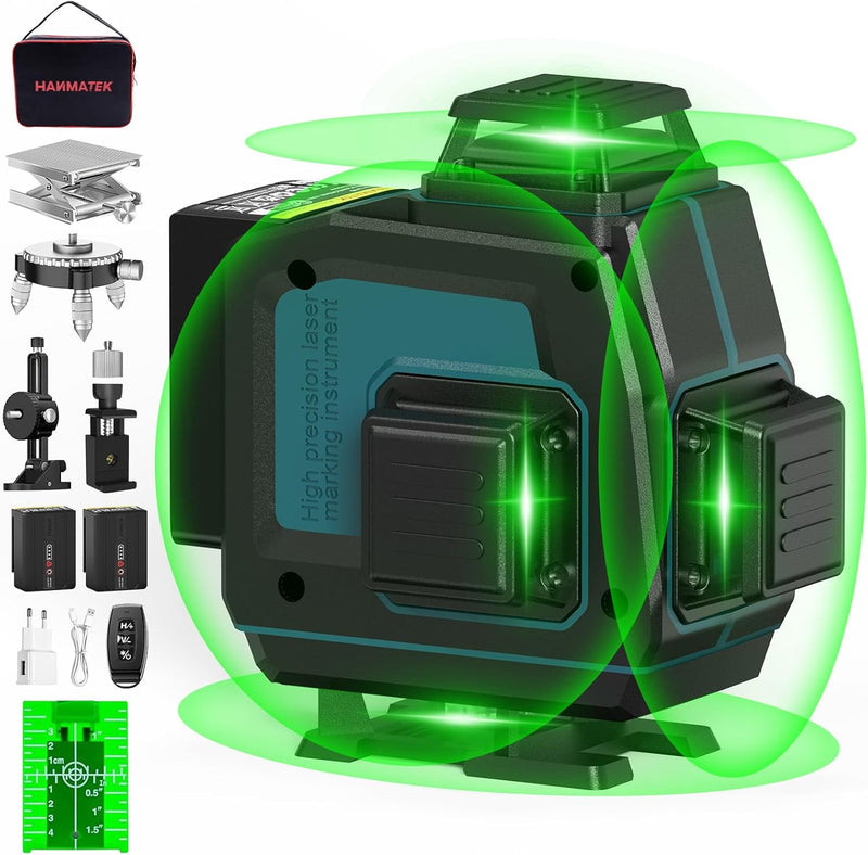 HANMATEK® self-leveling laser level with dual green beams and multiple accessories for precise alignment