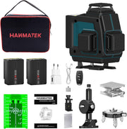 HANMATEK self-leveling laser level kit with two batteries, charger, and accessories for precise measurements