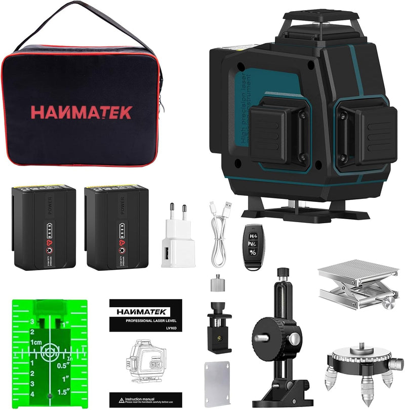 HANMATEK self-leveling laser level kit with two batteries, charger, and accessories for precise measurements