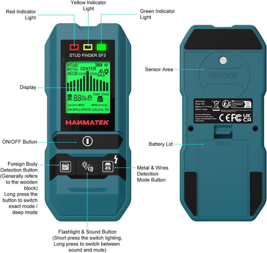 HANMATEK® 6-in-1 wall scanner stud finder with display, indicator lights, and sensor features