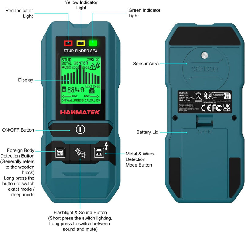 HANMATEK® 6-in-1 wall scanner stud finder with display, indicator lights, and sensor features
