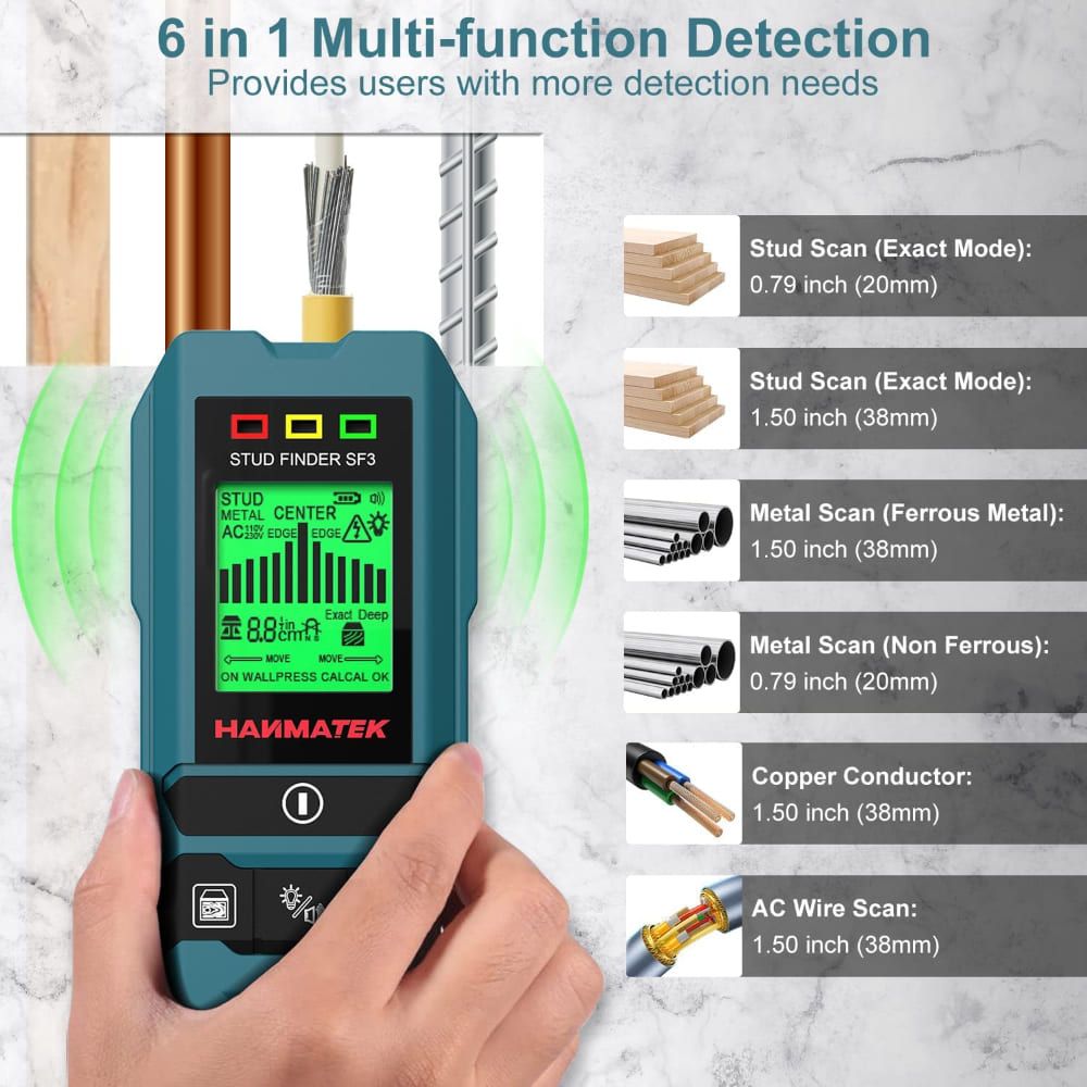 HANMATEK® 6-in-1 wall scanner stud finder with multi-function detection and clear display for various materials