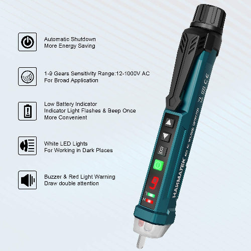 HANMATEK® AC voltage detector pen with sensitivity range 12-1000V and automatic shutdown feature