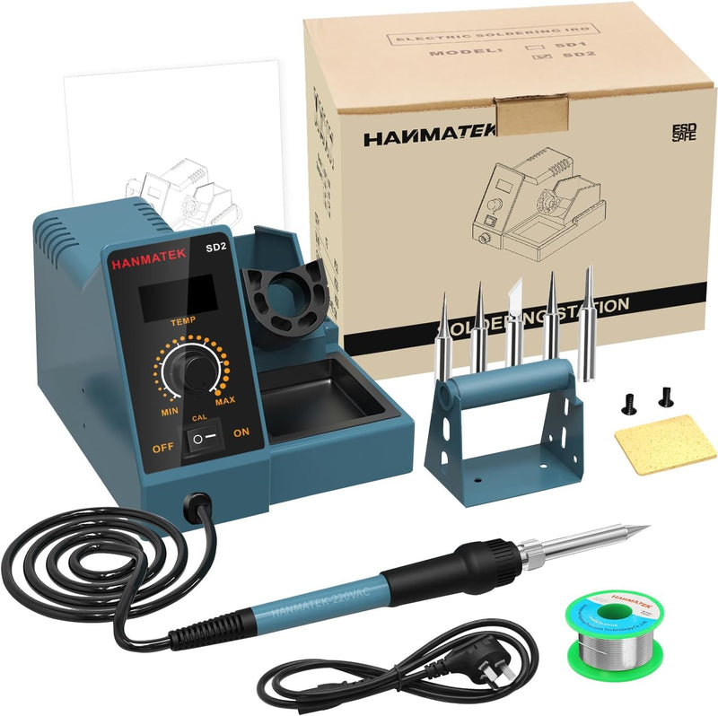 HANMATEK® digital soldering station with temperature control, soldering iron, and various tips for electronics repair
