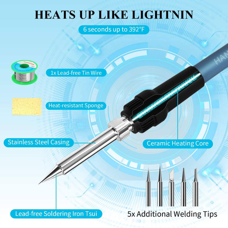 HANMATEK® digital soldering station with quick heating, stainless steel casing, and various welding tips