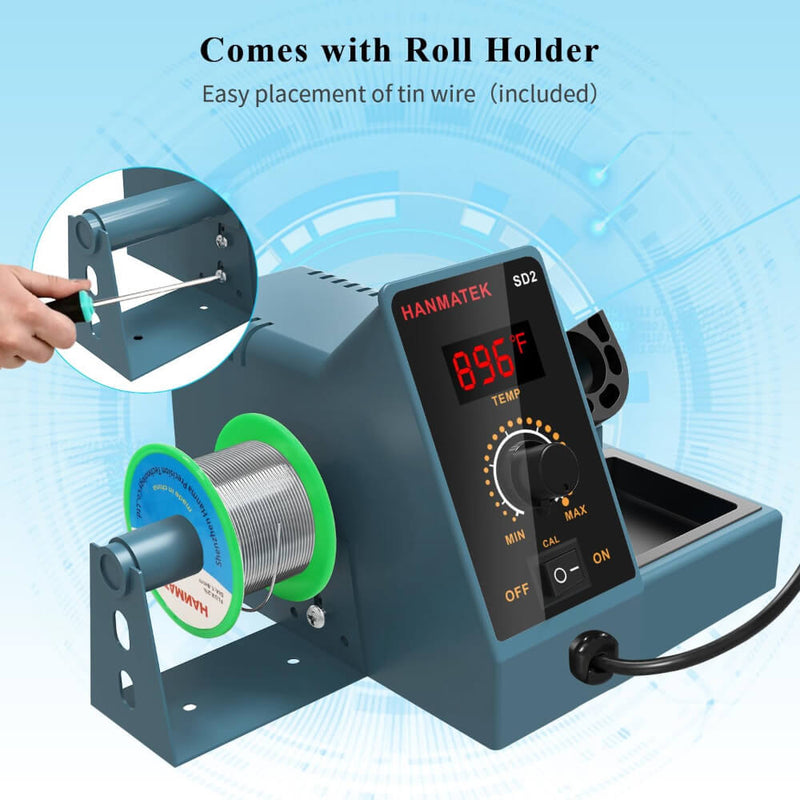 HANMATEK digital soldering station featuring a roll holder for easy tin wire placement