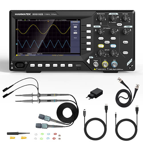 HANMATEK DOS1102S 2-in-1 digital oscilloscope with waveform generator, probes, and cables.