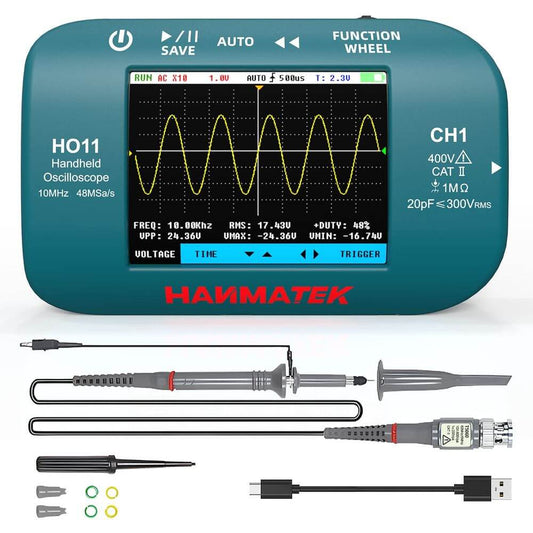 HANMATEK® HO11 Handheld Oscilloscope showing waveform display, probes, and accessories for precision testing.