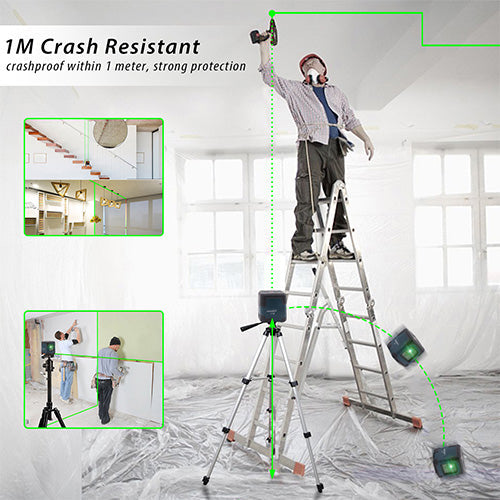 Man using HANMATEK LV1G Laser Level on a ladder, showcasing crash-resistant feature and laser projection in interior space.